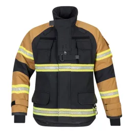 Einsatzjacke X-Pro Dynamic, schwarzblau/sand, Rückenaufdruck FEUERWEHR leuchtgelb